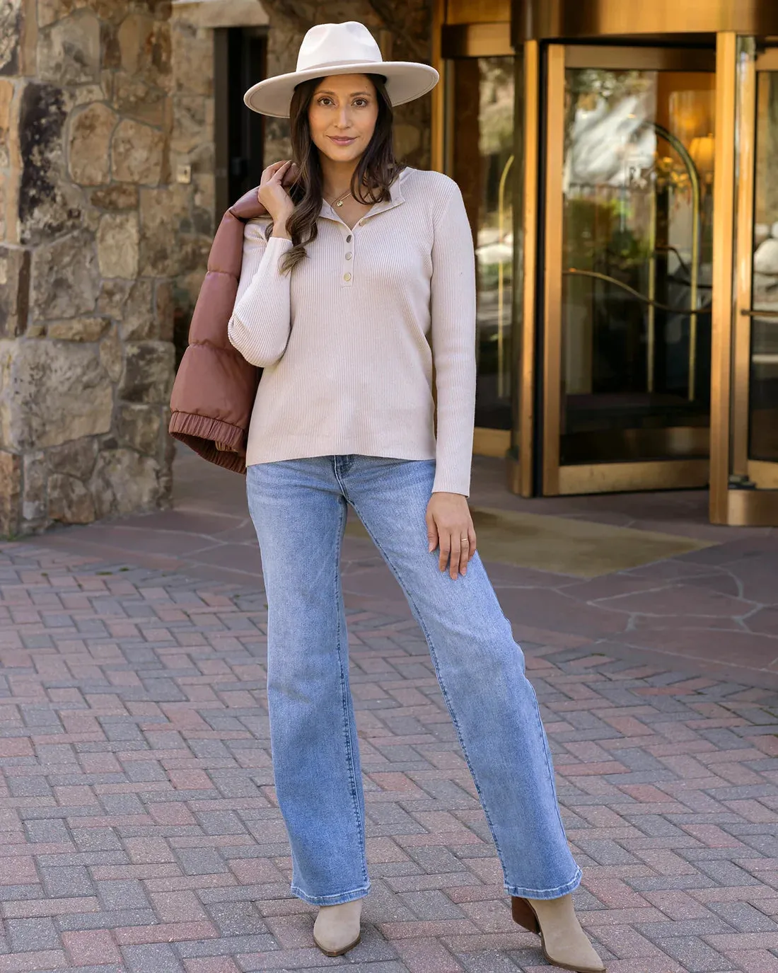 *SALE* Grace & Lace Ribbed Henley Sweater - Oatmeal