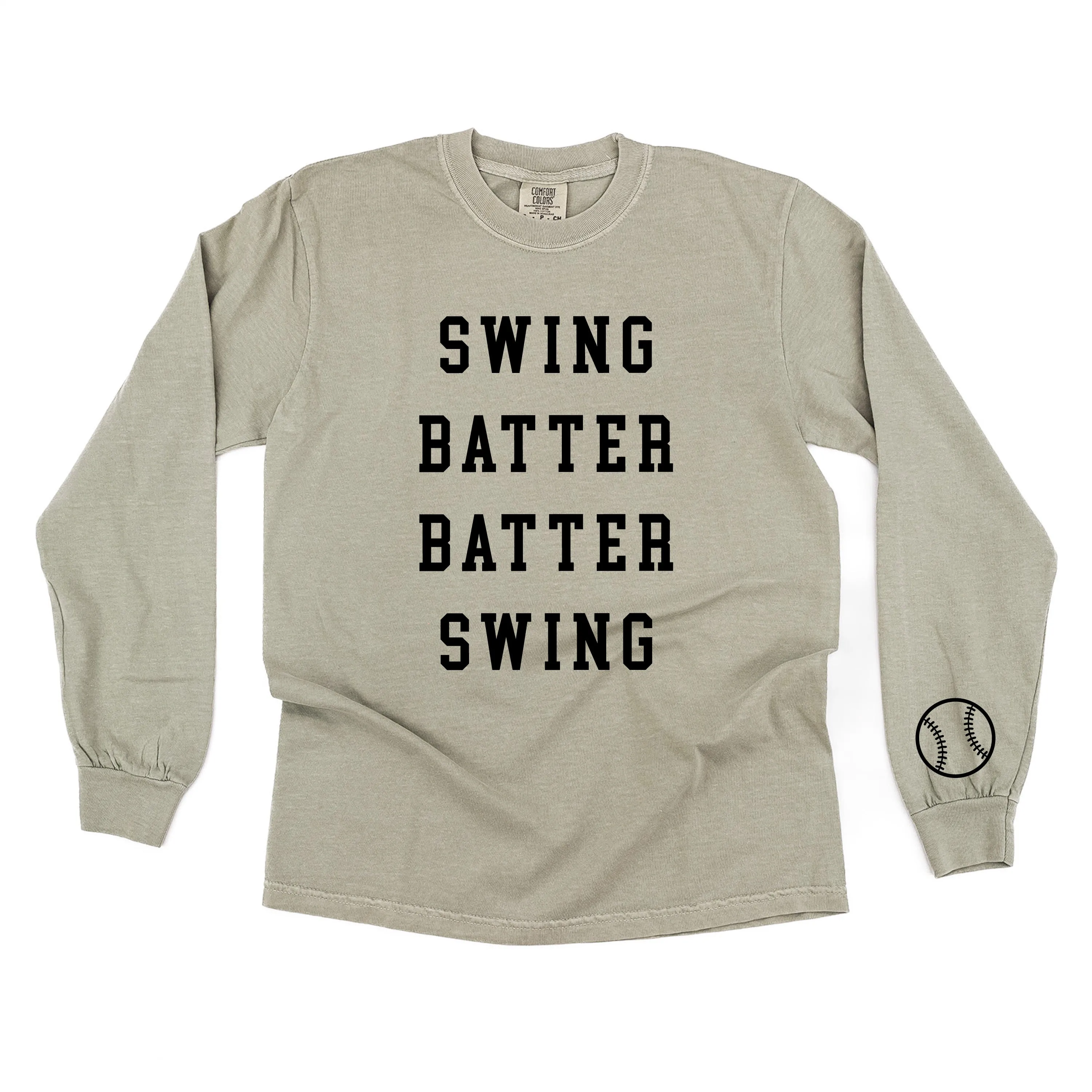 Swing Batter Batter Swing - Baseball Detail on Sleeve - LONG SLEEVE COMFORT COLORS TEE