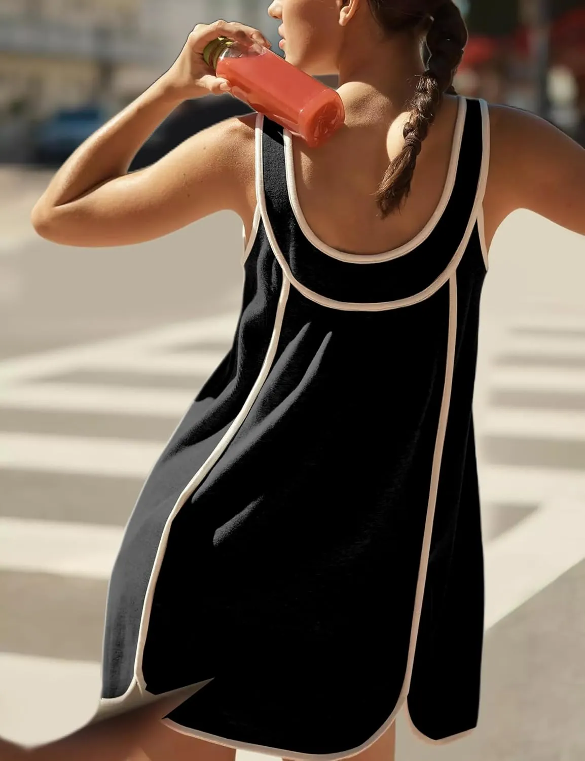 Womens Casual Summer Pleated Sleeveless Crewneck Tank Dress Loose Sundress Athletic Mini Dress