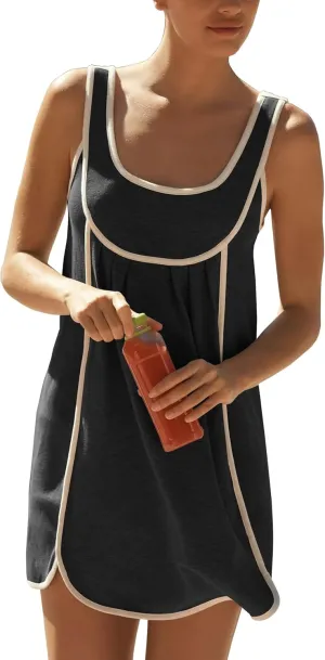 Womens Casual Summer Pleated Sleeveless Crewneck Tank Dress Loose Sundress Athletic Mini Dress